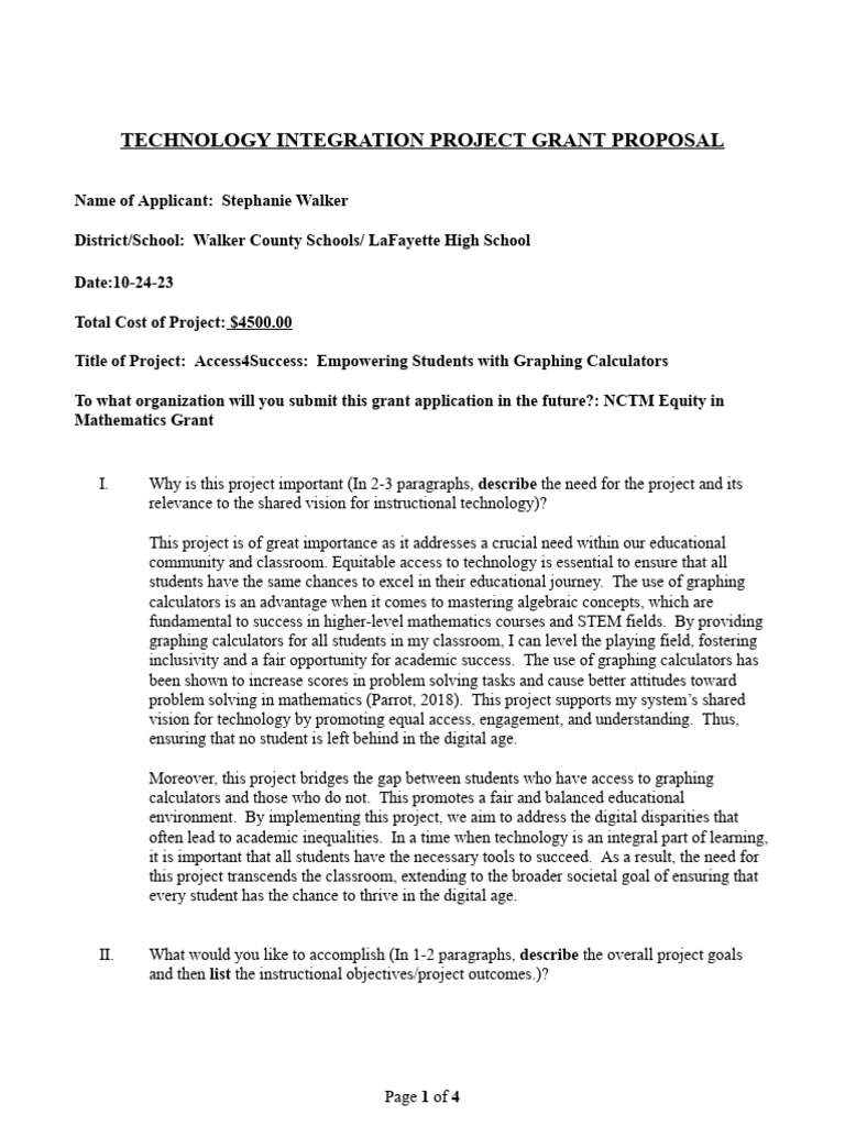 Grant Proposal for Graphing Calculators | PDF | Teachers | Learning