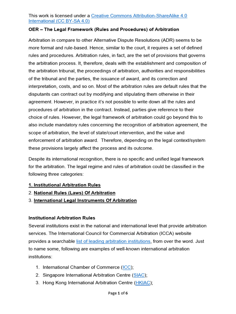 The Legal Framework Rules And Procedures Of Arbitration Pdf