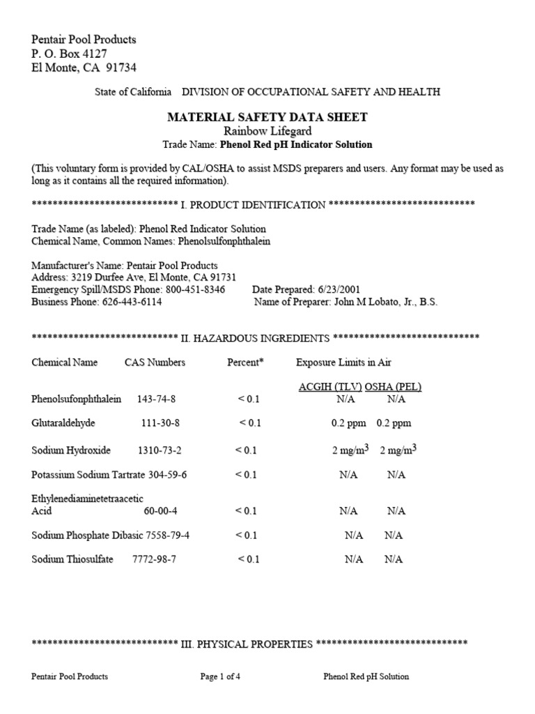 Pentair Phenol Red Solution | PDF | Occupational Safety And Health | Safety