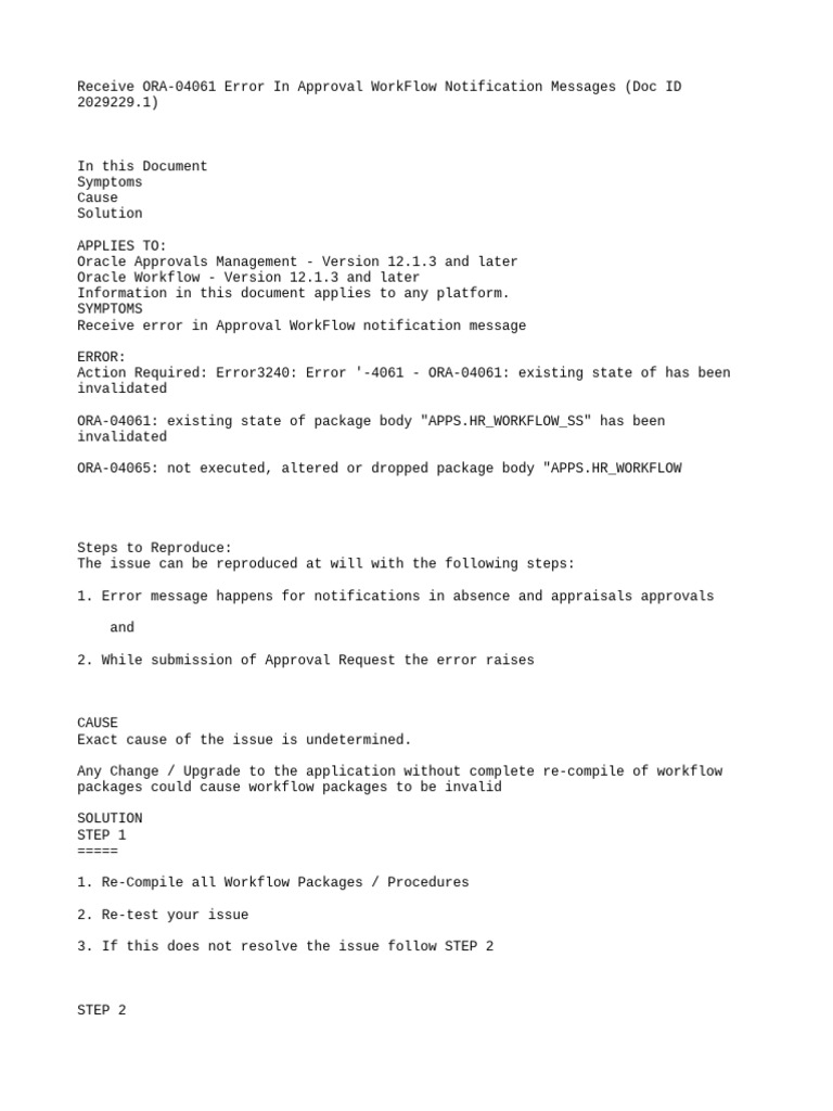 Receive ORA-04061 Error in Approval WorkFlow Notification