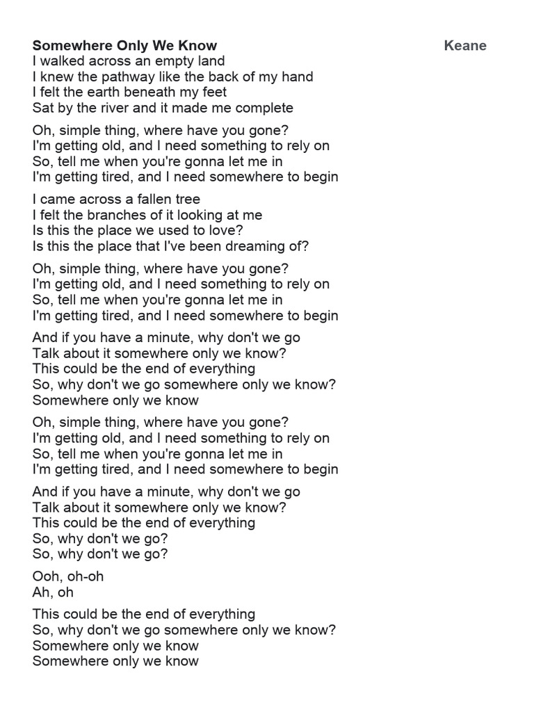 Somewhere Only We Know - Keane (Letra y Tabs para Ukelele) | PDF