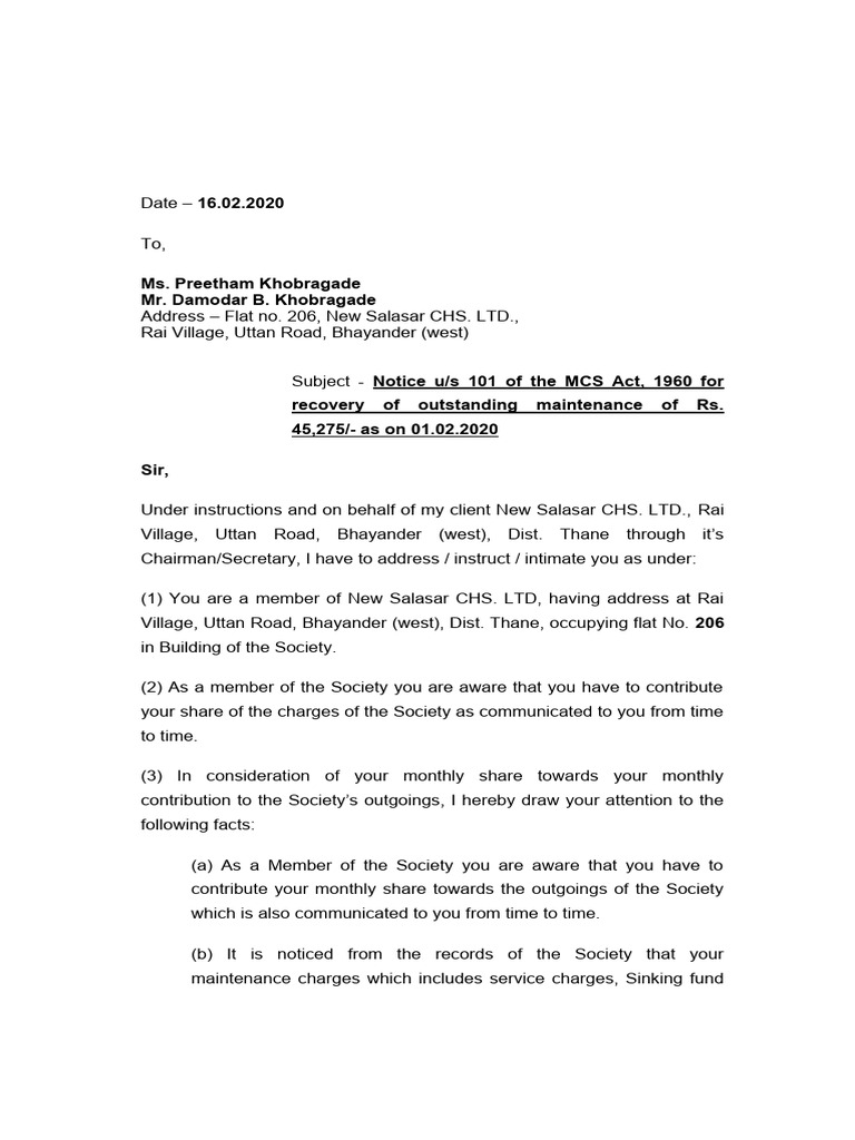 MCS Act 1960: Recovery Notice Template | PDF | Private Law | Business