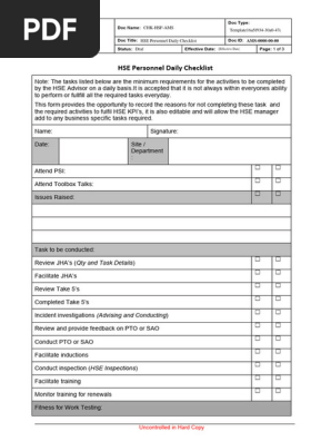 HSE Personnel Daily Checklist