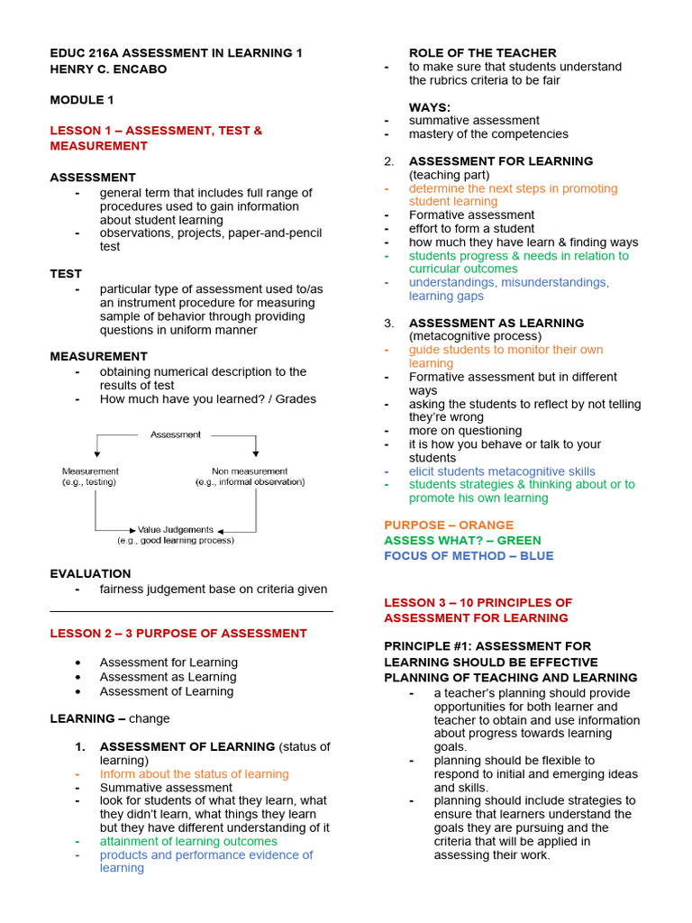 Educ 216a Assessment in Learning 1 | PDF | Career & Growth