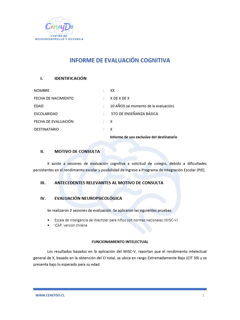 Informe ICAP: Evaluación Cognitiva Infantil | PDF | Cociente de ...