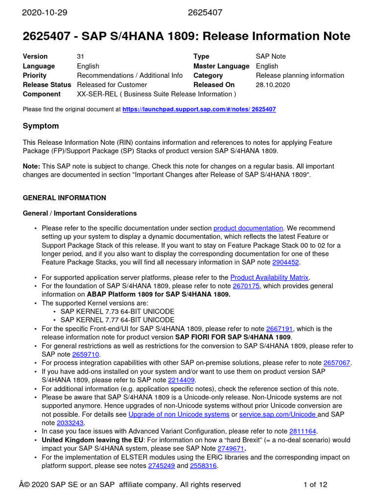 SAP S4HANA 1809 Release Information Note | PDF | Computing | Software ...