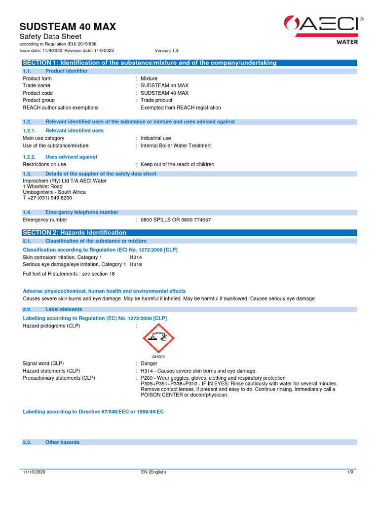 SUDSTEAM 40 MAX Safety Data Sheet | PDF | Sodium Hydroxide | Chemistry