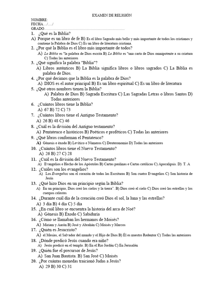 Examen sobre la Biblia para Primaria | PDF | Biblia | Jesús