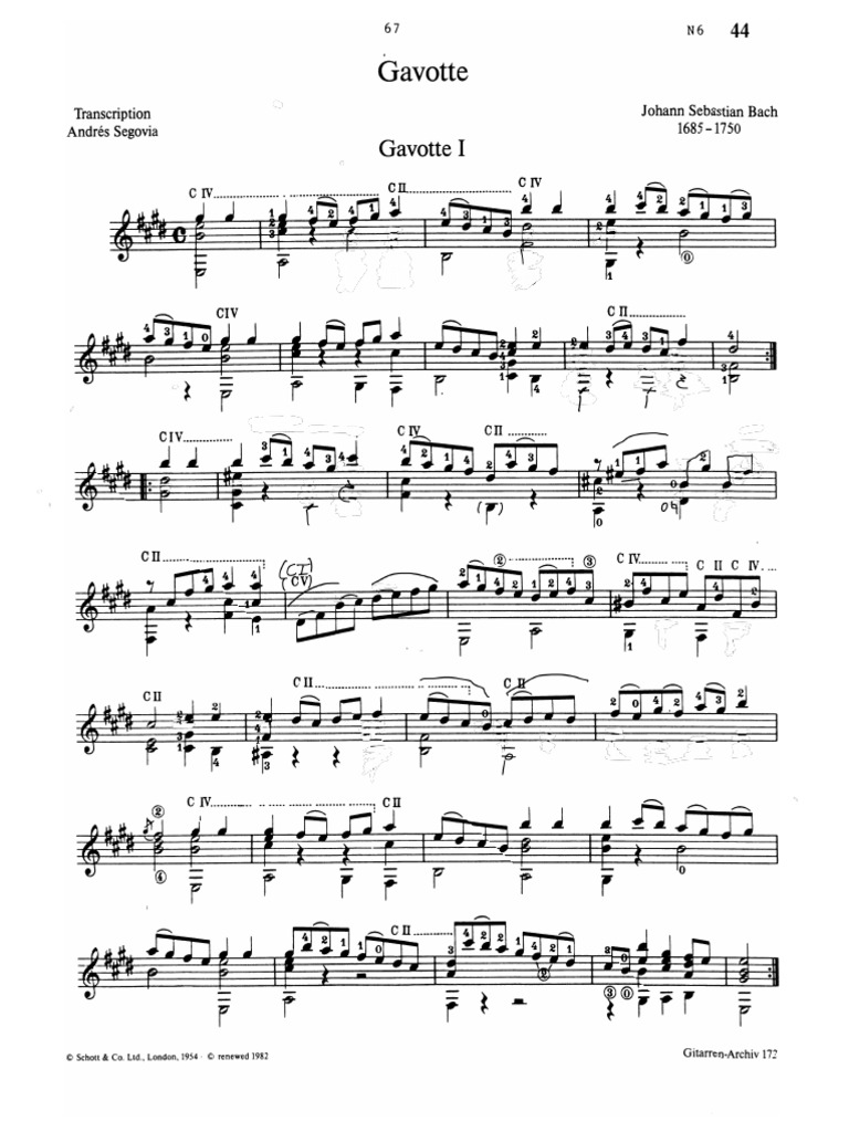 BACH - BWV1012, Cello Suite NR 6 - 5. Gavotte I & II (Segovia) | PDF