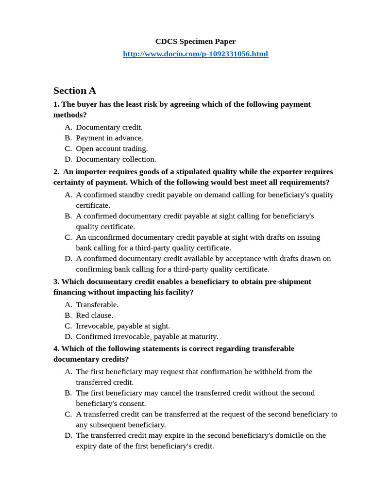 Cdcs Sample Questions 1 | PDF | Letter Of Credit | Bill Of Lading