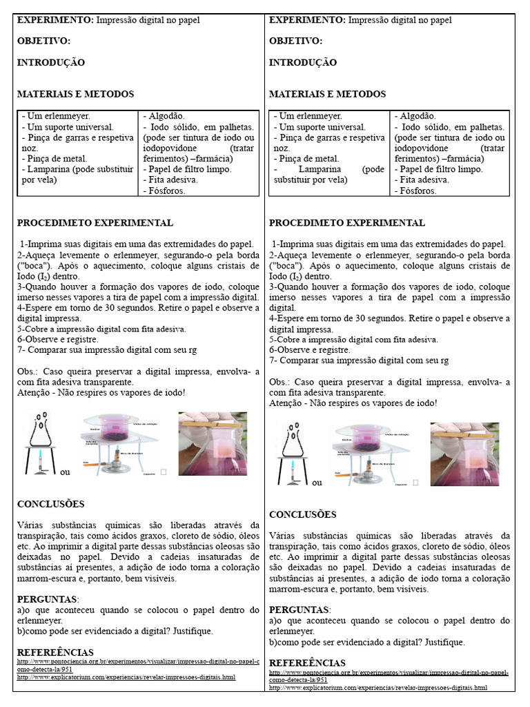 Experiencia Impressão Digital Com Iodo e Carvão | PDF | Impressão digital |  Impressão, image size:768x1024