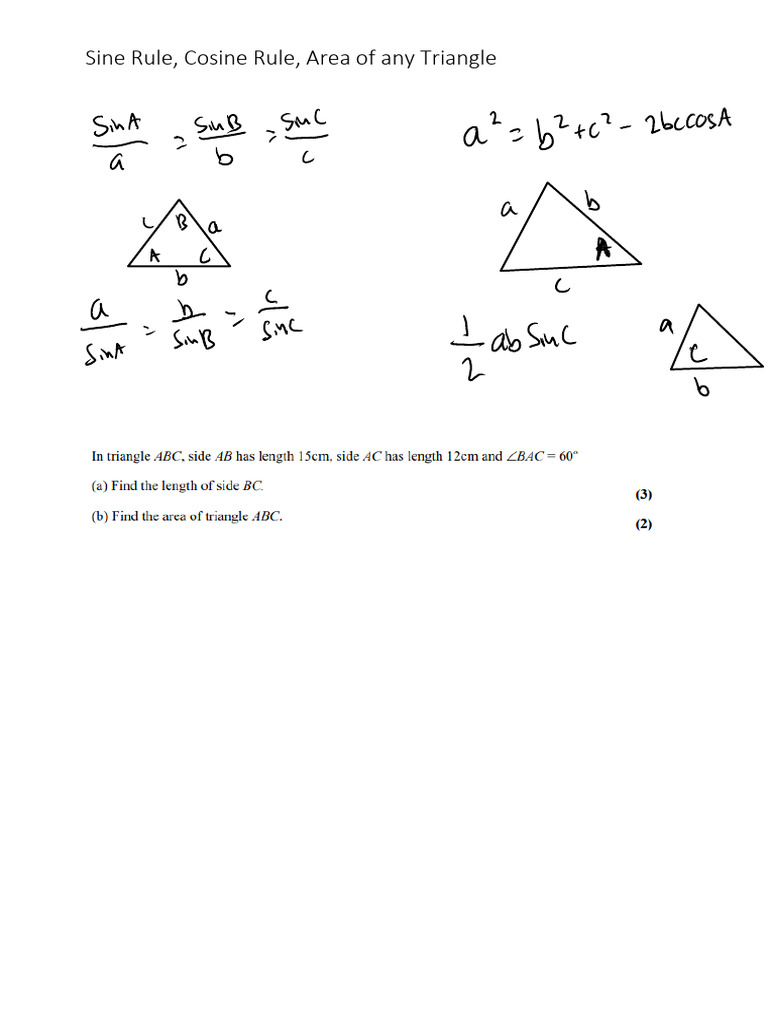 Sine Rule, Cosine Rule, Area of Any Triangle Worksheet | PDF