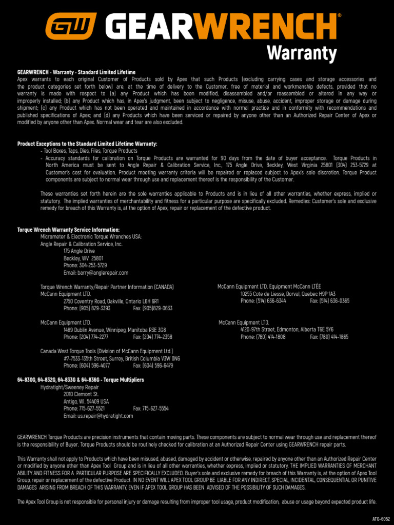 Warranty GEARWRENCH Warranty Standard Limited Lifetime PDF Law