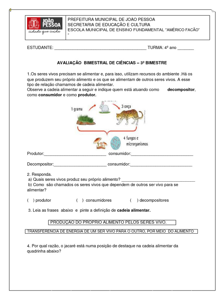 Avaliação de Ciências: Ecossistemas 4º Ano | PDF | Ecossistema | Organismos
