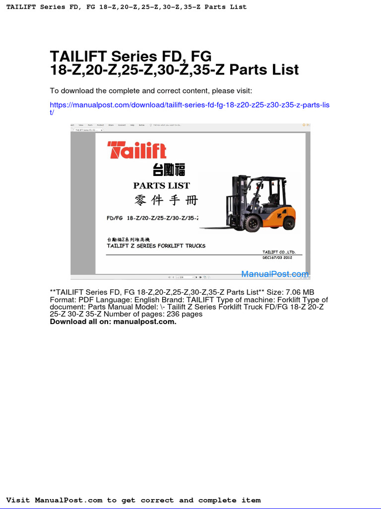 Tailift Series Fd Fg 18 Z20 Z25 Z30 Z35 Z Parts List | PDF