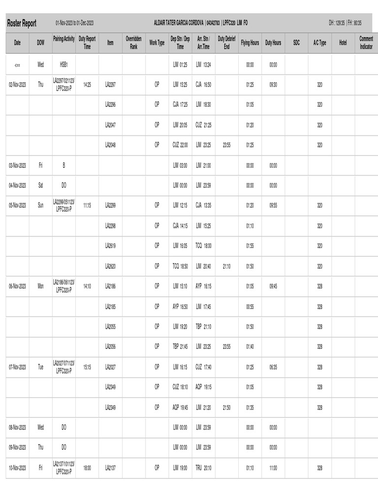 November 2023 Flight Roster Report | PDF