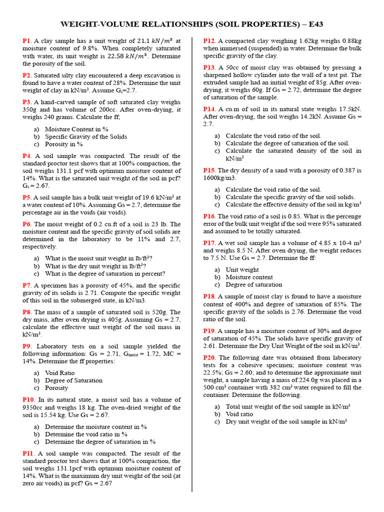 20 Problems in Weight-Volume Relationships (Soil Properties) | PDF ...