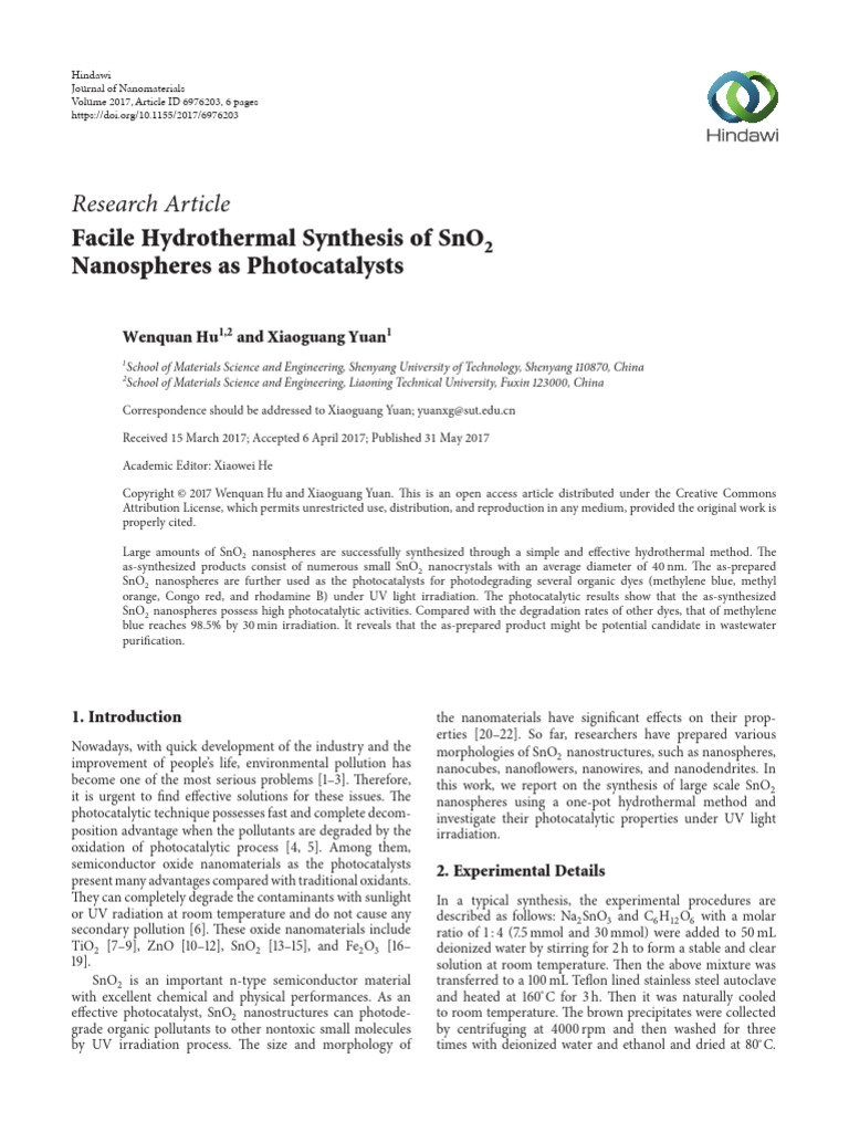 Research article facile hydrothermal synthesis of sno nanospheres as