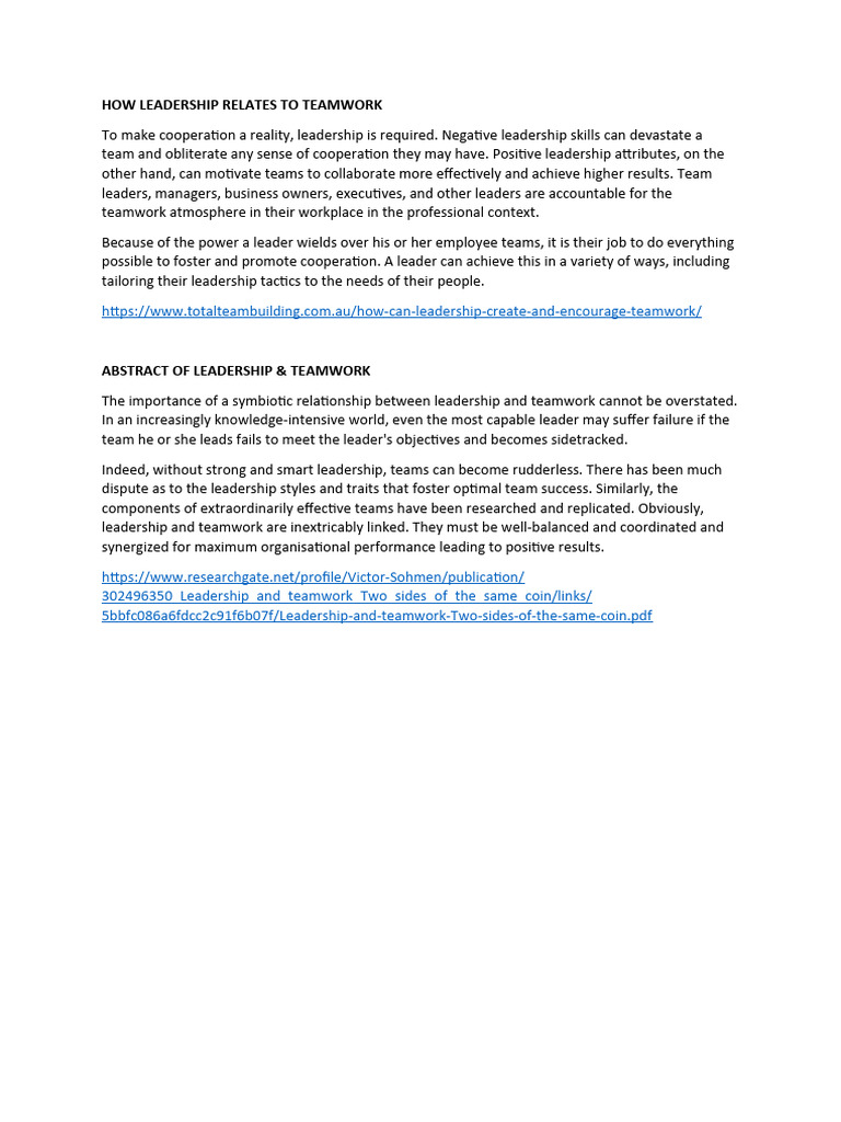 Leadership's Impact on Teamwork Success | PDF