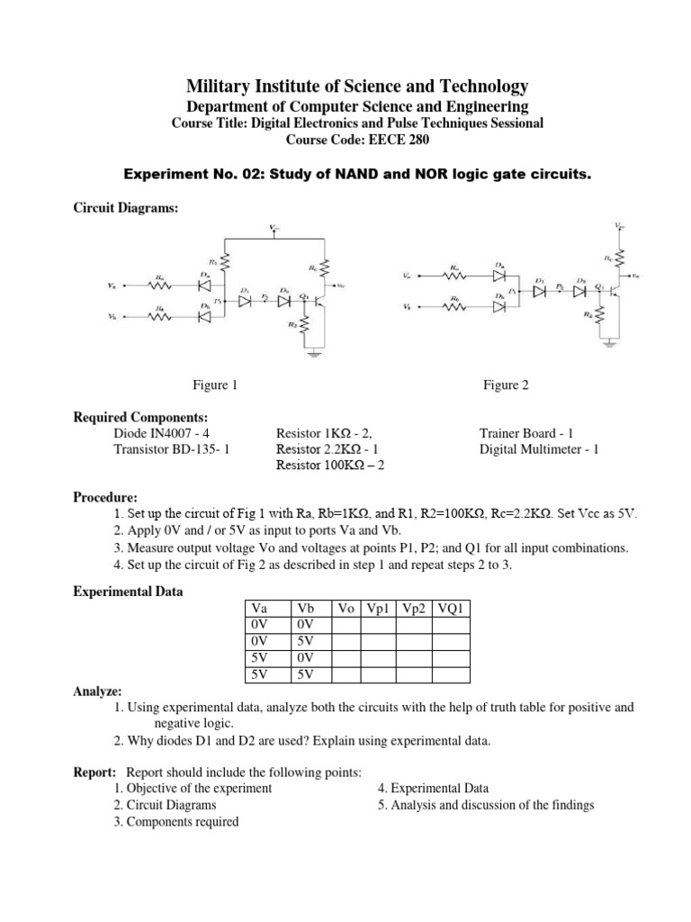 NAND and NOR Logic Gate Experiment | PDF