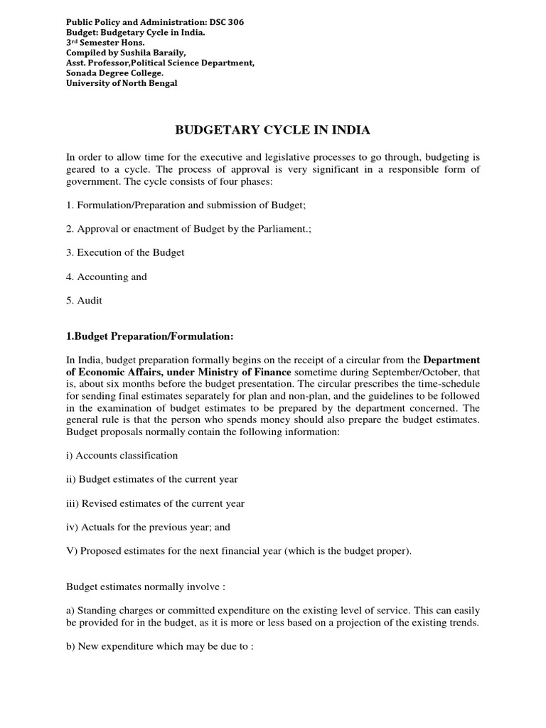 Budgetary Cycle in India PDF Taxes Appropriation Bill