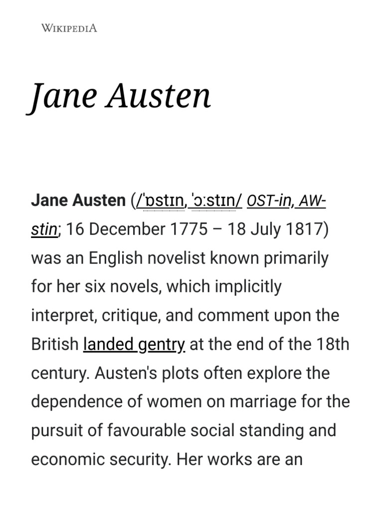 JANE AUSTEN WIKIPEDIA intelligence overview