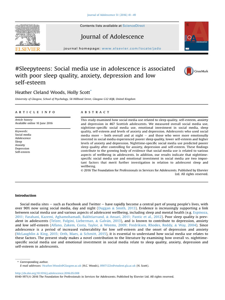 Journal of Adolescence - 2016 - Woods - Sleepyteens Social Media Use in ...