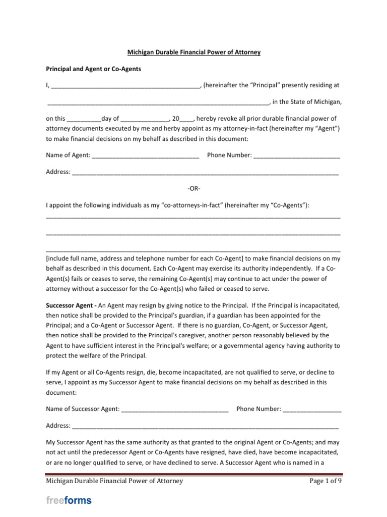 Michigan Durable Financial Power of Attorney | PDF | Pension | Law Of ...