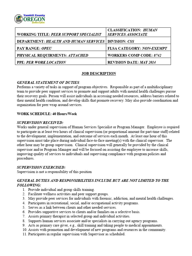 Peer Support Specialist Job Description Download Free Pdf Mental