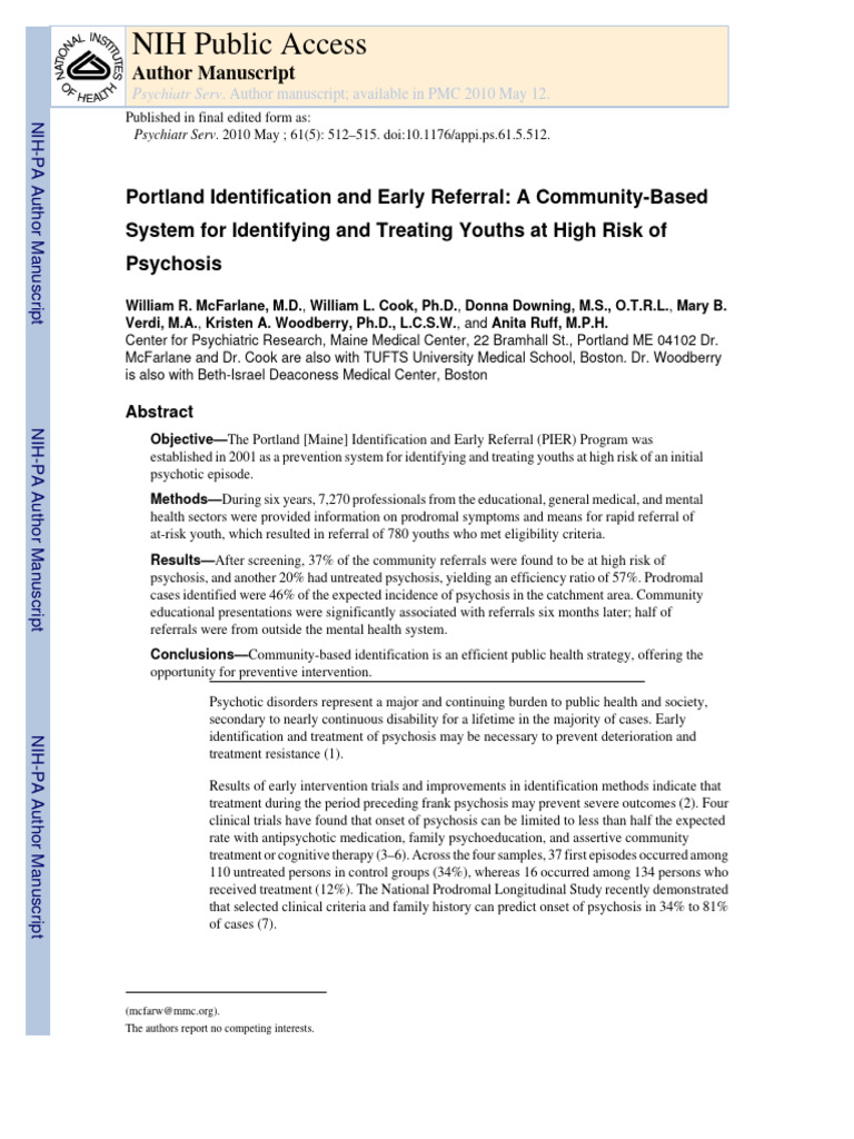 Portland Identification and Early Referral PDF Psychosis Clinical