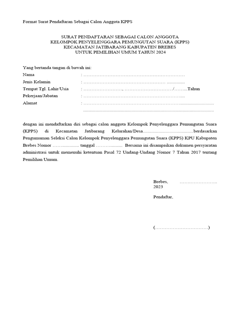 Format Pendaftaran Anggota KPPS 2024 | PDF