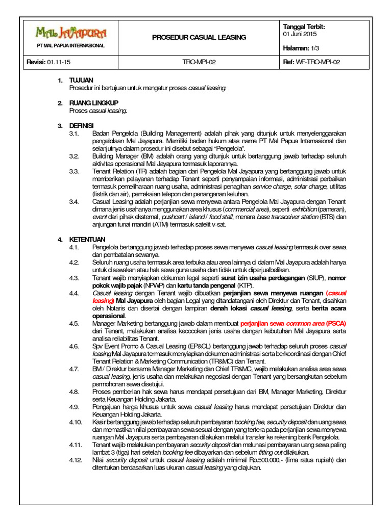 Prosedur Casual Leasing Mal Jayapura | PDF | Pengelolaan Keuangan & Uang