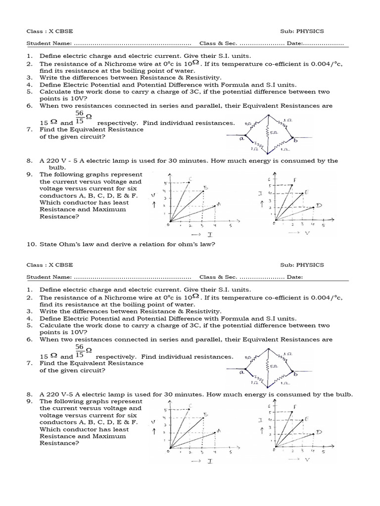 Physics 10 SLIP TEST PDF Electrical Resistance And Conductance