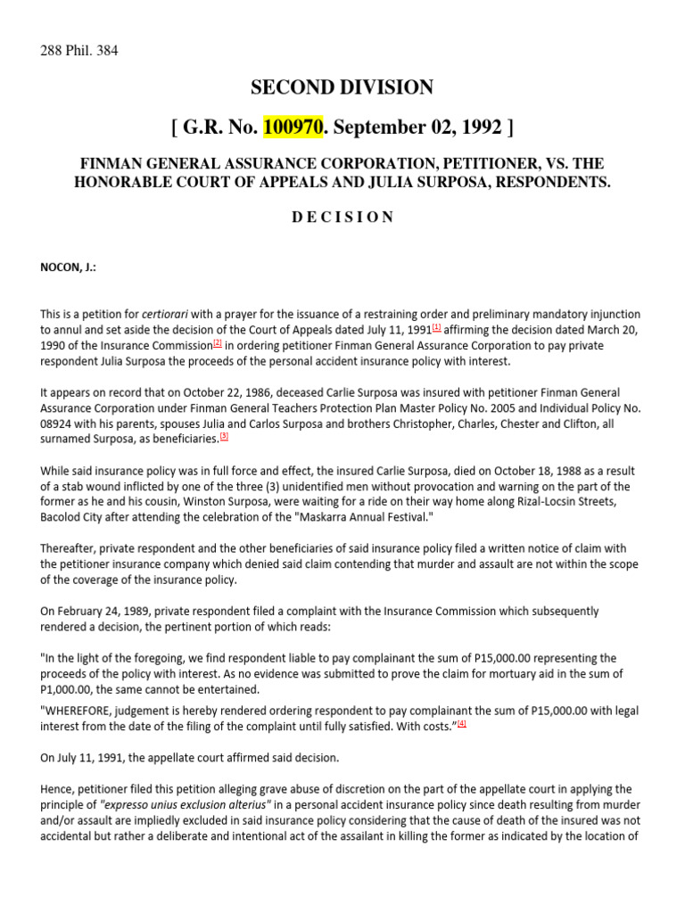 Finman Assurance vs. Surposa: Insurance Claim Ruling | PDF | Insurance ...