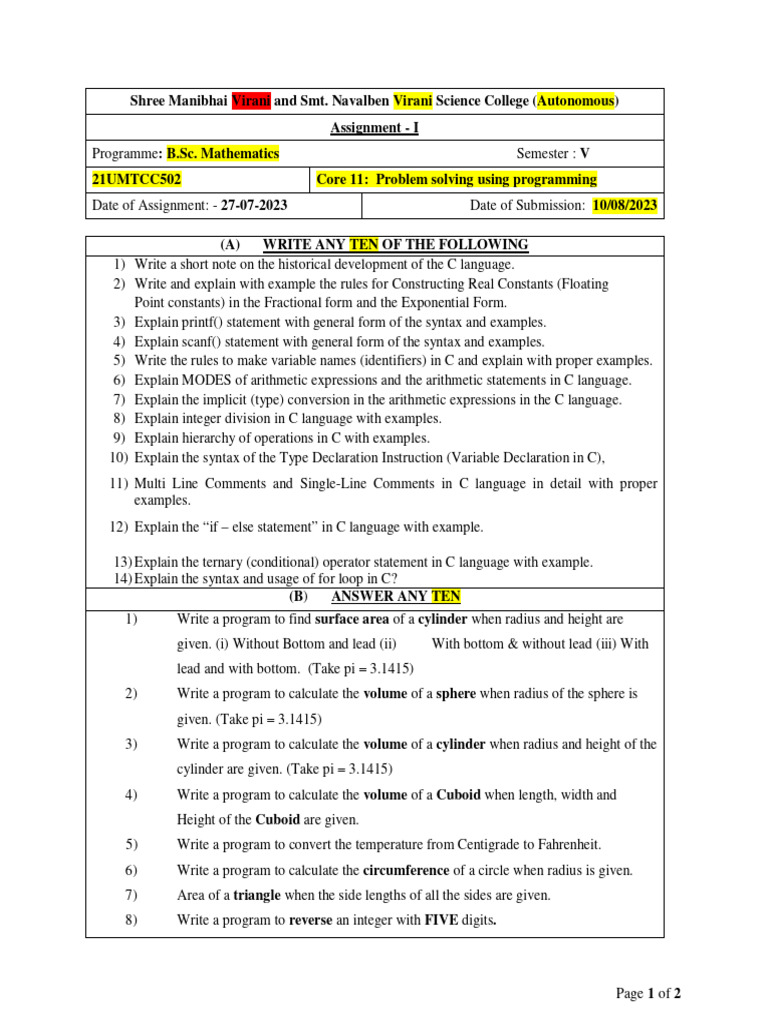 Assignment - I C Programming VSC AUTO B.SC Mathematics DT 27-07-2023 ...