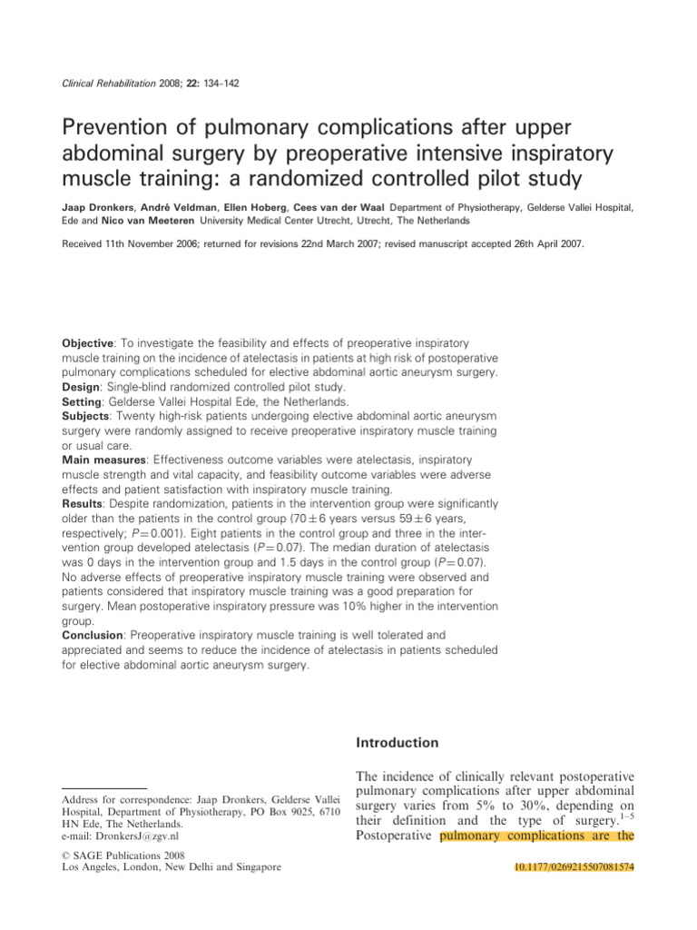 Dronkers Et Al 2008 Prevention of Pulmonary Complications After Upper ...