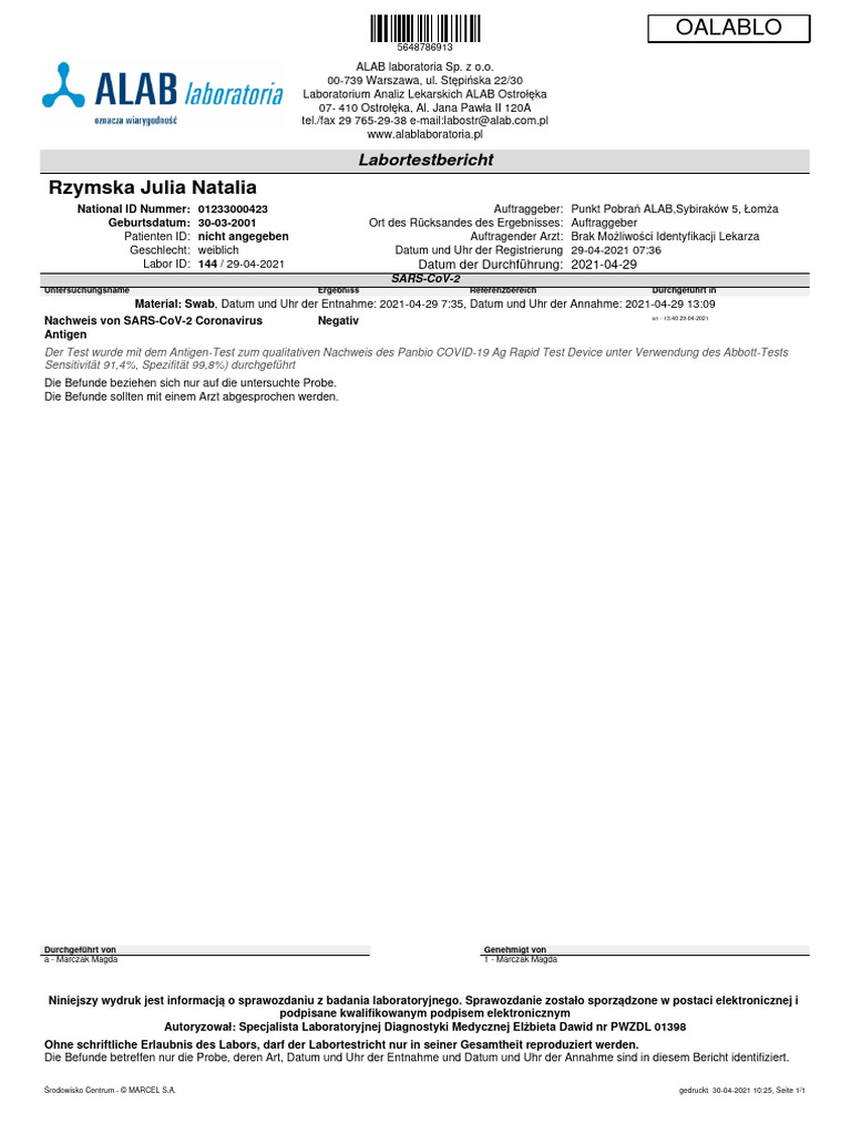 Rzymska Julia Natalia: Labortestbericht | PDF