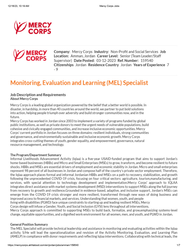 Mercy Corps Jobs Monitoring, Evaluation and Learning (MEL) Specialist Download Free PDF
