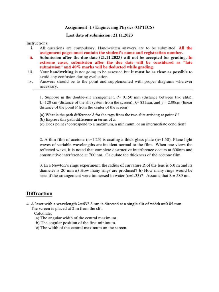 Assignment 1 (Optics) Engineering Physics PDF Diffraction Wavelength
