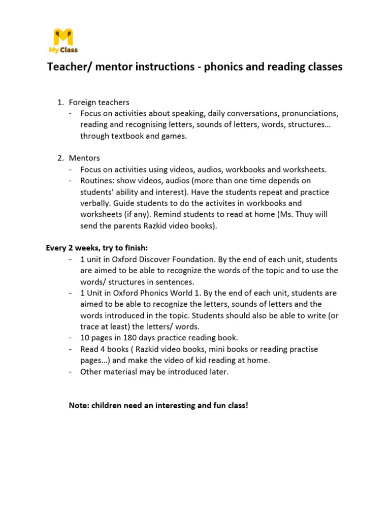 Instructions For Phonics and Reading Class | PDF
