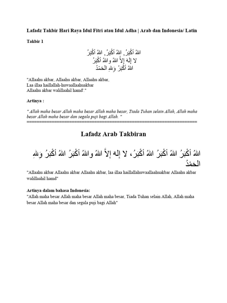 Lafadz Takbir Hari Raya Idul Fitri Atau Idul Adha | PDF