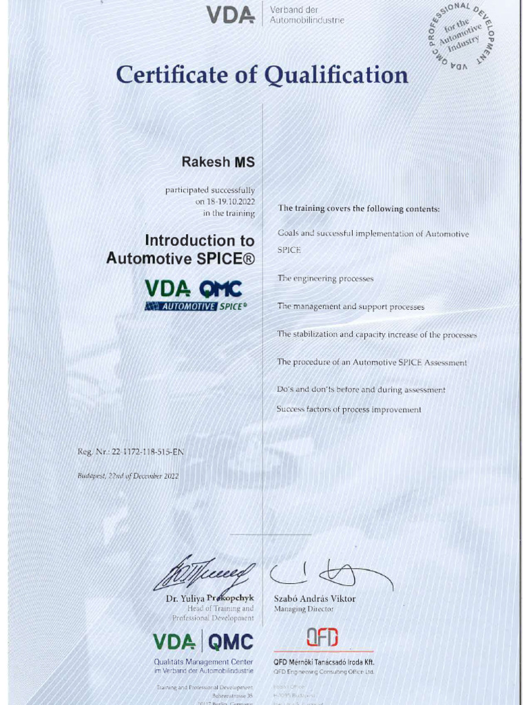 Certificate For Automotive SPICE Training From VDA Germany PDF