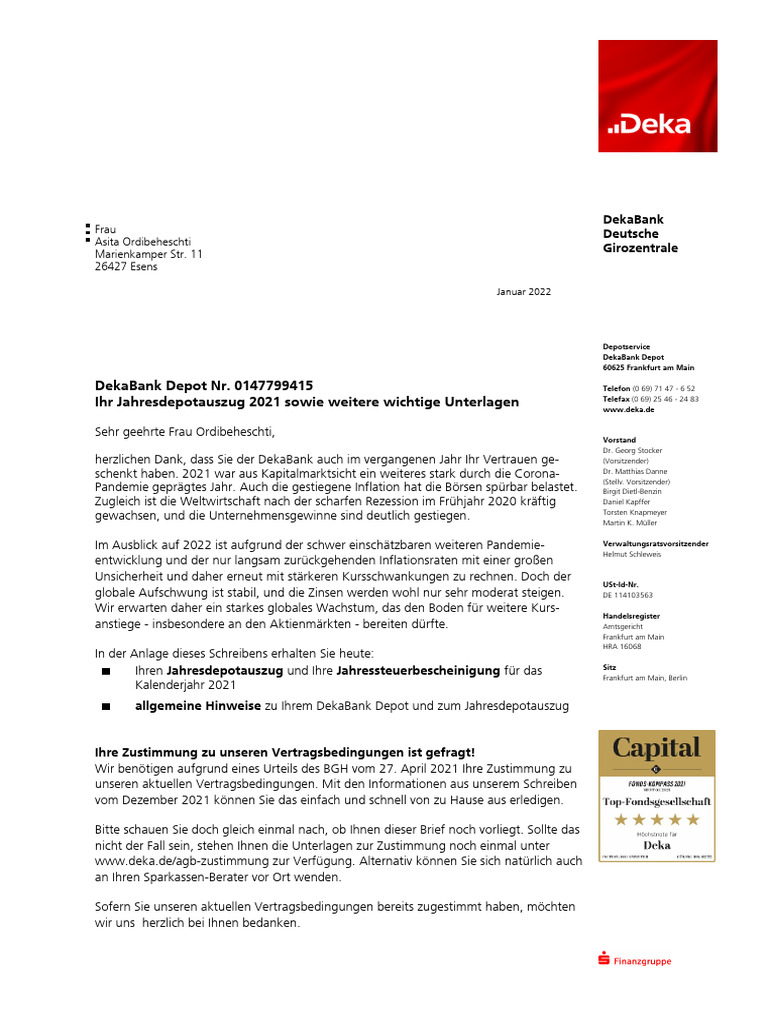 Deka Jahresdepotauszug Und Steuerbescheinigung 2021