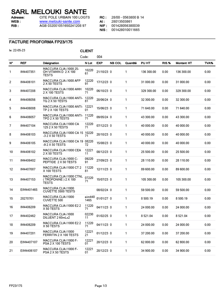 Maccura CLIA i1000 Test Invoice | PDF | Endocrine System