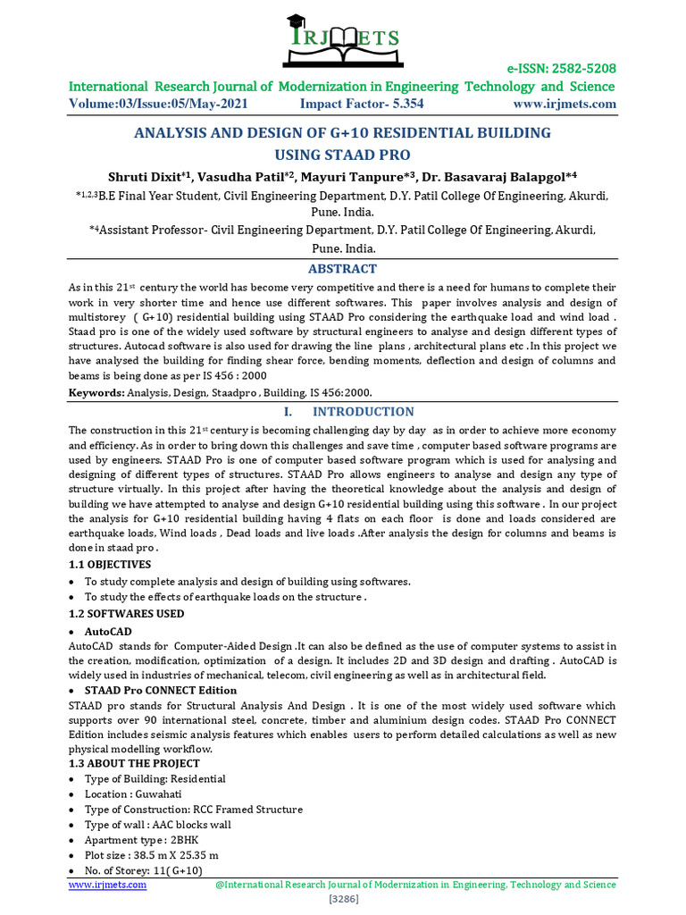 Analysis and Design of G+10 Residential Building Using Staad Pro ...