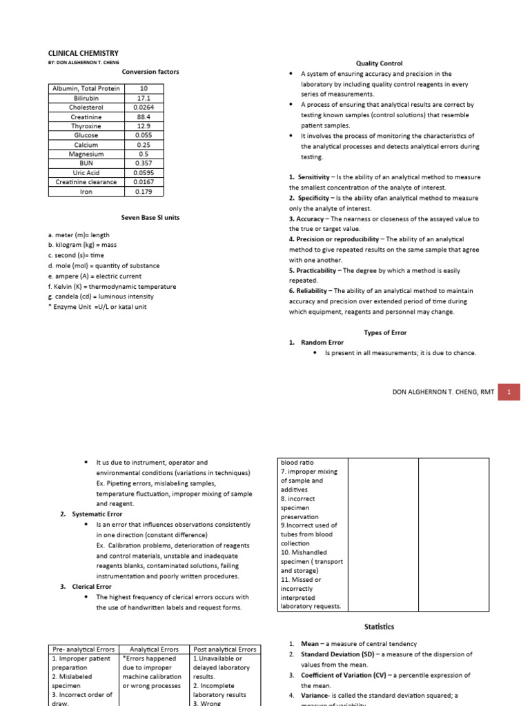 Clinical Chemistry Lecture PDF Errors And Residuals Alanine