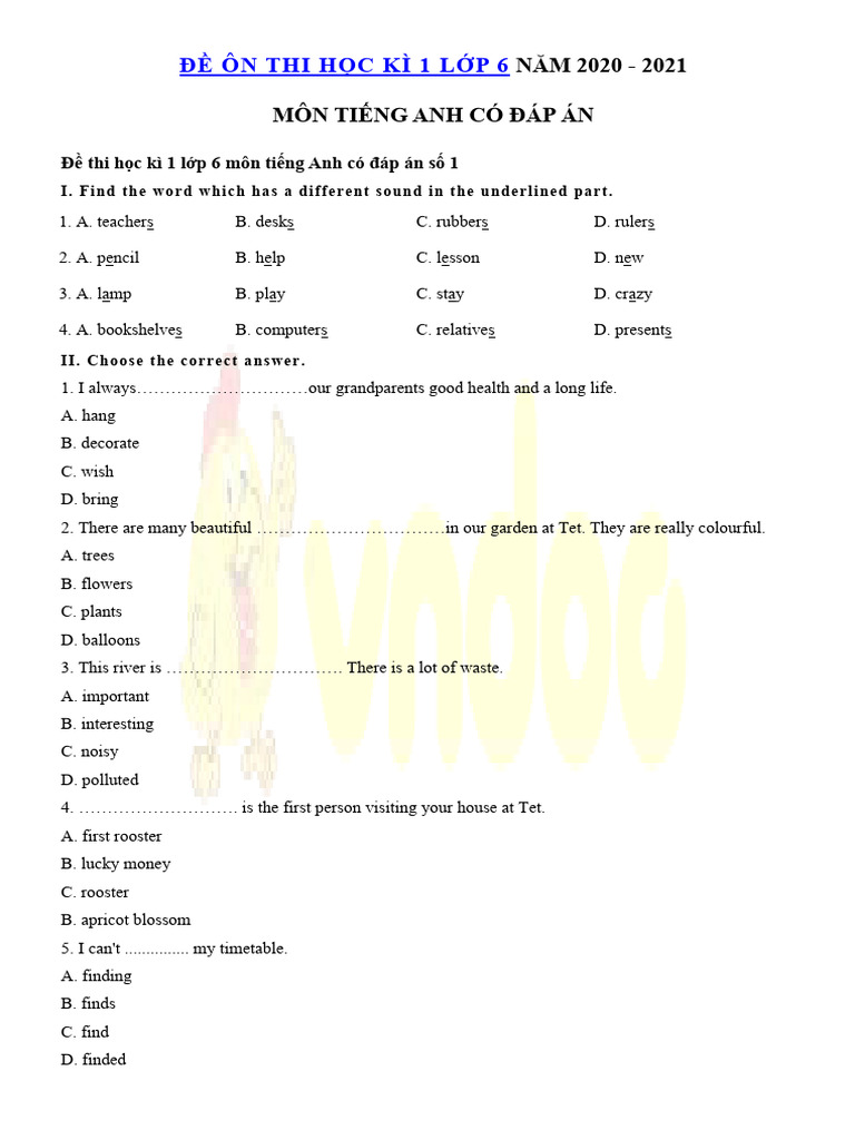 Bo de Thi Hoc Ky 1 Mon Tieng Anh Lop 6 Co Dap An | PDF | Language Arts ...