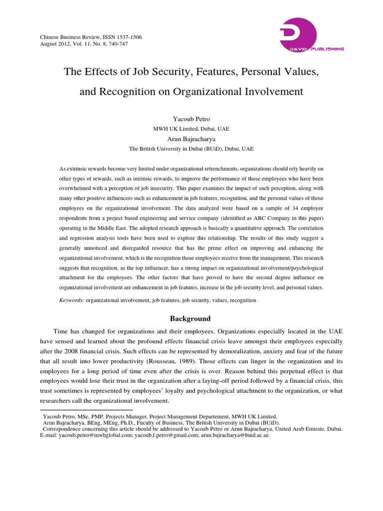 The Effects of Job Security, Features, Personal Values and Recognition