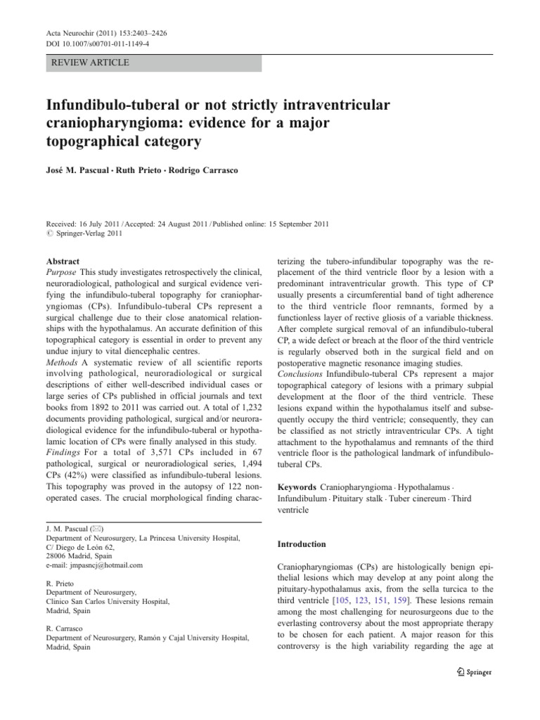 Infundibulo Tuberal Or Not Strictly Intraventricular Craniopharyngioma