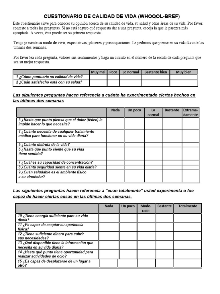 Cuestionario WHOQOL-BREF de Calidad de Vida | PDF | Cuestionario ...